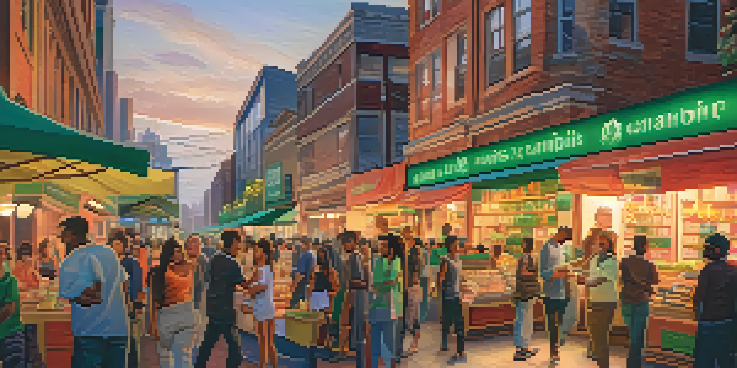 A vibrant city street at sunset with people interacting at a local cannabis market, colorful banners, and food stalls.