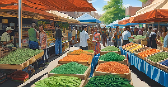 A bustling marketplace with colorful cannabis products displayed on stalls, and diverse consumers engaging with vendors under warm sunlight.