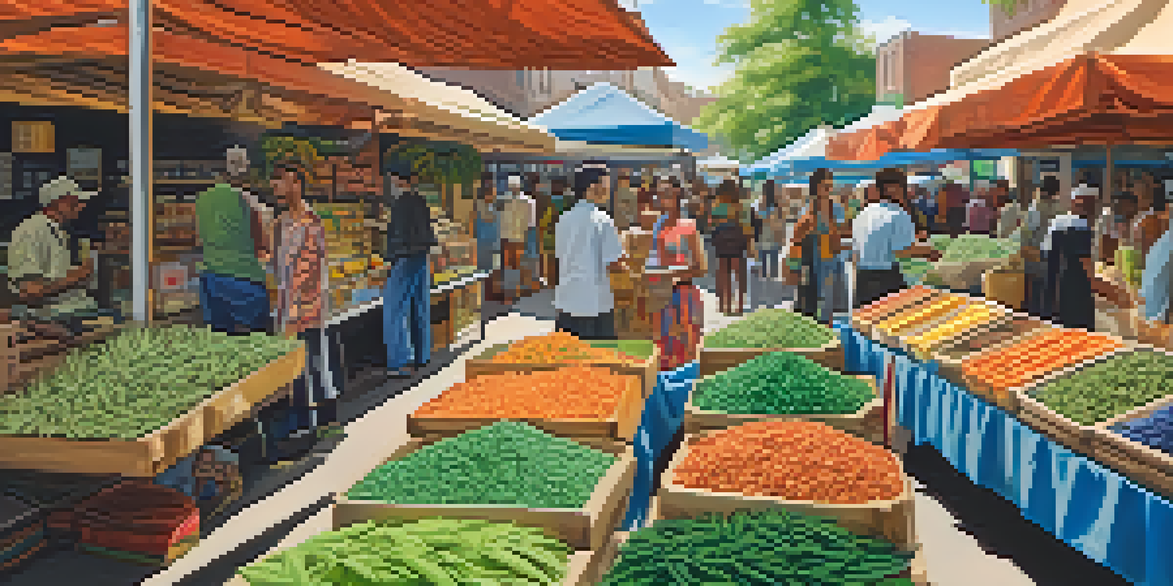 A bustling marketplace with colorful cannabis products displayed on stalls, and diverse consumers engaging with vendors under warm sunlight.