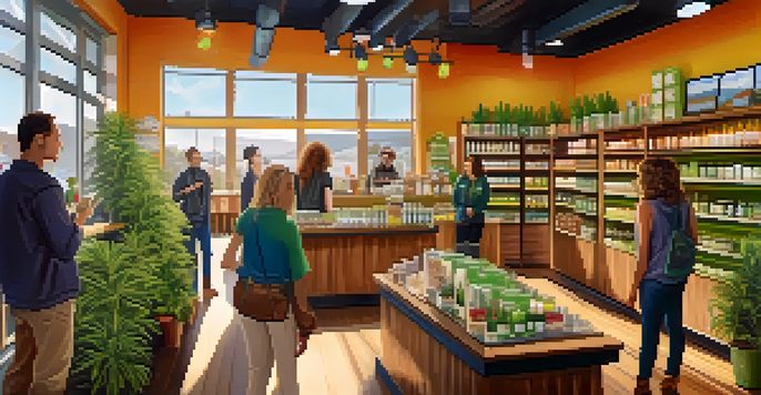 An interior view of a busy cannabis dispensary with diverse customers and budtenders interacting. Bright lighting and colorful products can be seen.