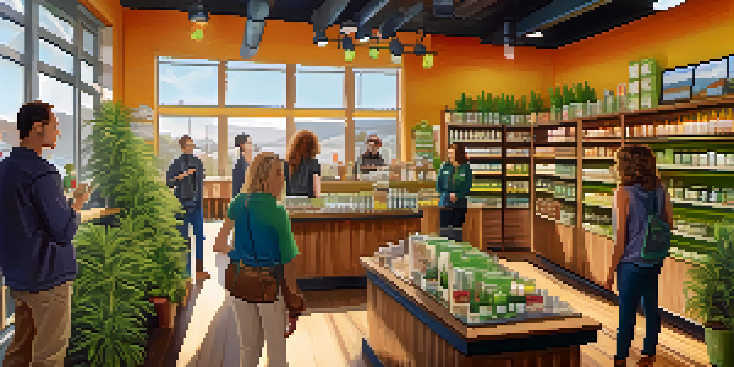 An interior view of a busy cannabis dispensary with diverse customers and budtenders interacting. Bright lighting and colorful products can be seen.