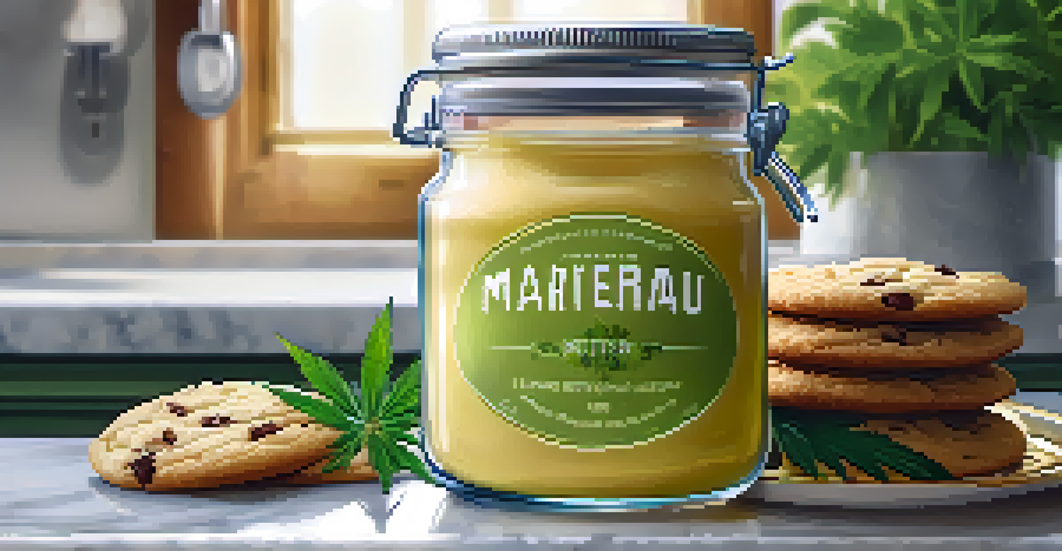 A glass jar of cannabis-infused butter on a marble countertop, surrounded by baked cookies and fresh herbs, showcasing a rich golden color.