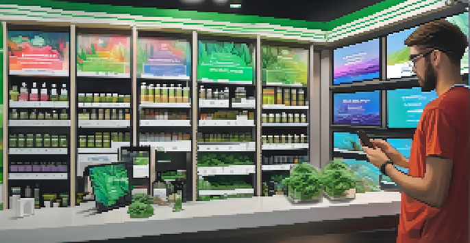 A customer in a cannabis dispensary using a smartphone to view augmented reality details about a cannabis product, surrounded by various colorful cannabis items.