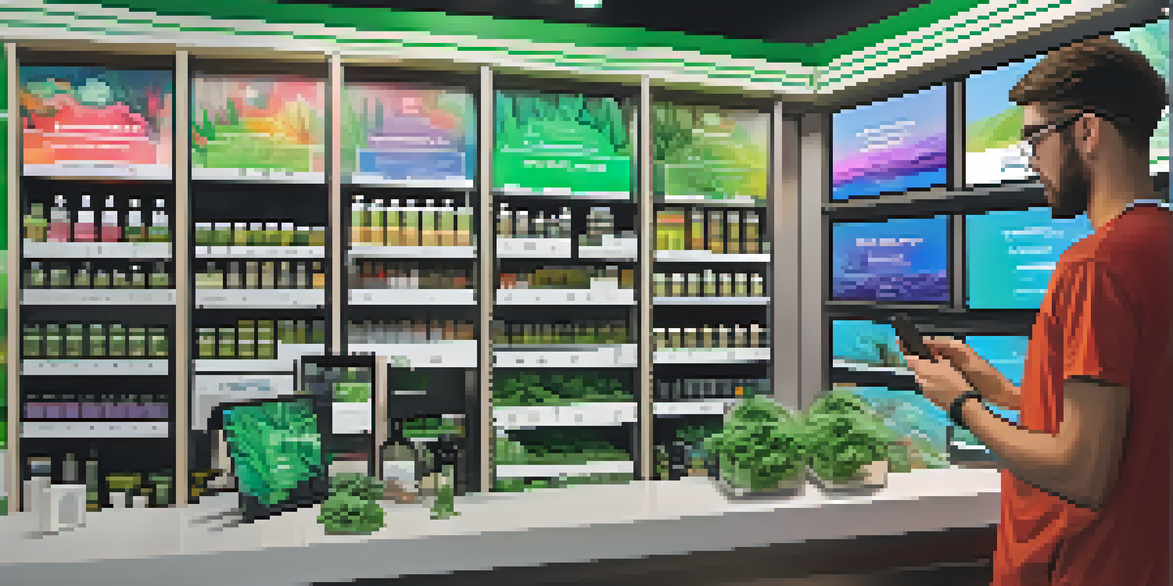 A customer in a cannabis dispensary using a smartphone to view augmented reality details about a cannabis product, surrounded by various colorful cannabis items.