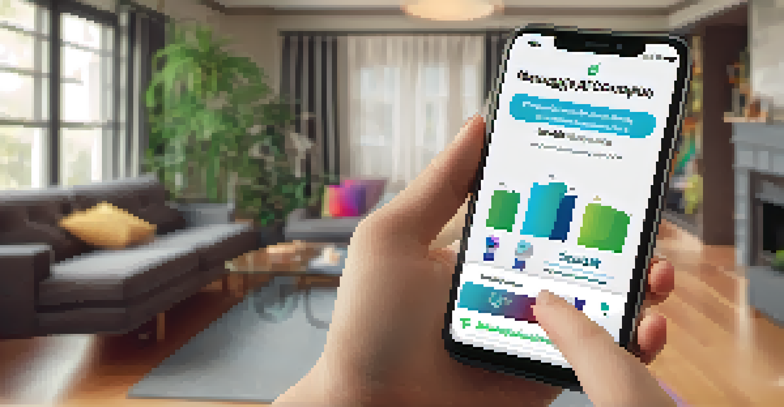 A hand holding a smartphone showing a harm reduction app with information about safe marijuana use in a cozy living room.