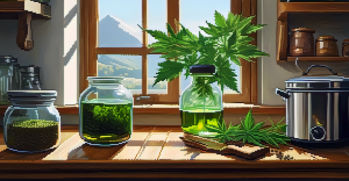 A rustic kitchen with a saucepan of cannabis-infused oil on the stove, sunlight filtering through the window, and fresh cannabis leaves on a cutting board.