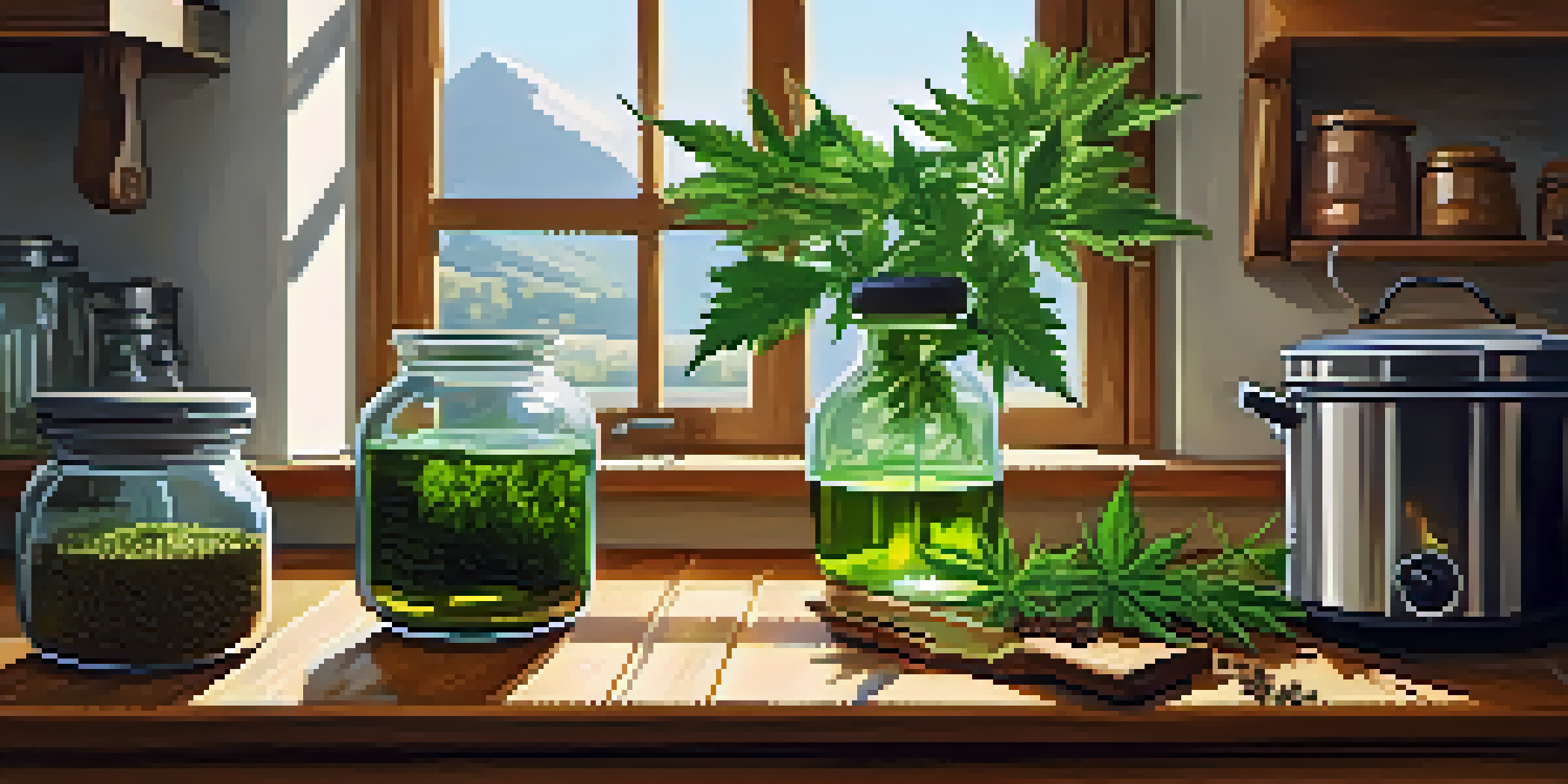 A rustic kitchen with a saucepan of cannabis-infused oil on the stove, sunlight filtering through the window, and fresh cannabis leaves on a cutting board.