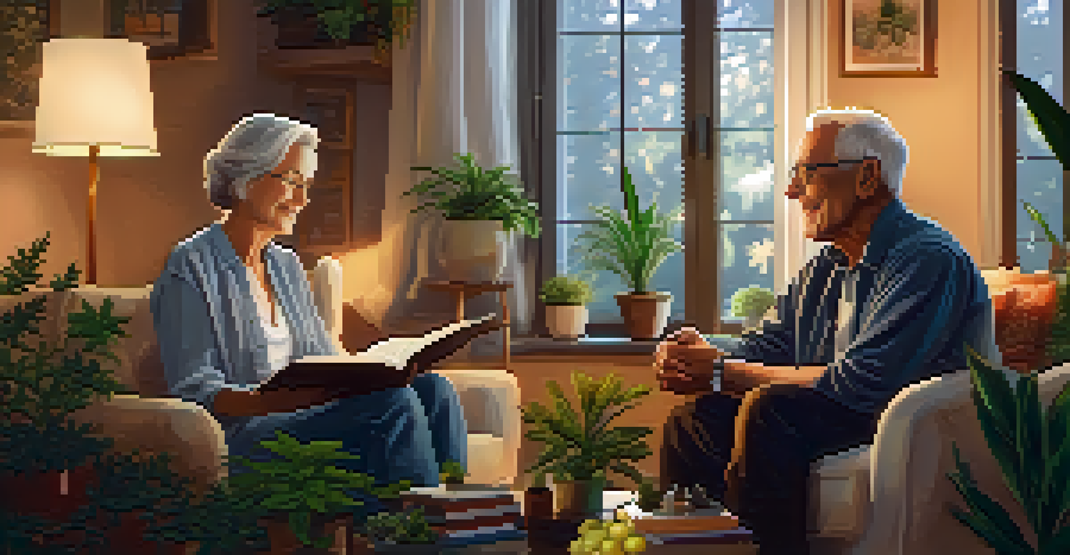 An elderly couple relaxing in a warm living room using cannabis tinctures for wellness.