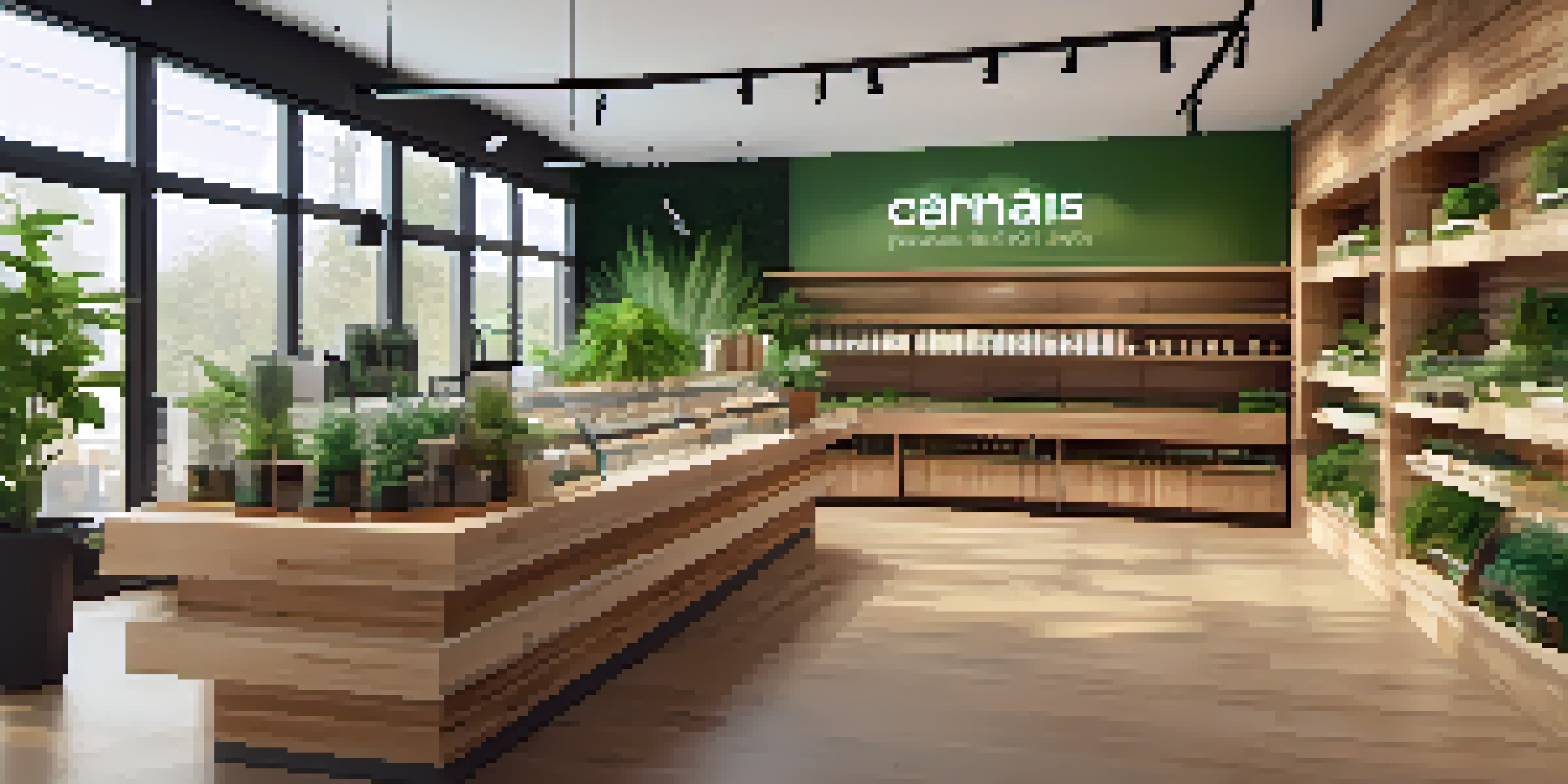 A bright and inviting cannabis store with wooden elements and green plants, showcasing products and friendly staff interacting with customers.