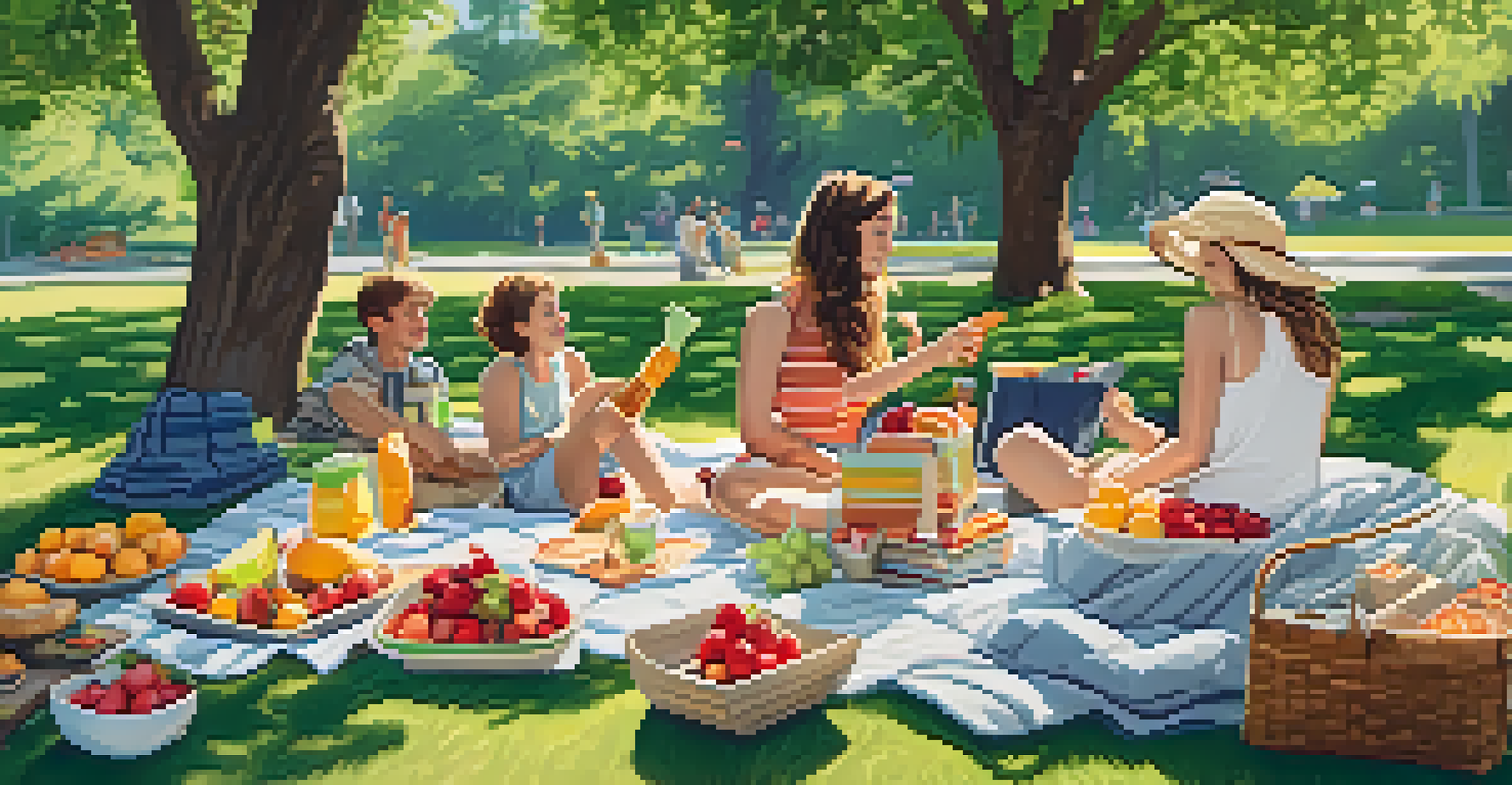 A picnic in a sunny park with a blanket, fruits, snacks, and cannabis-infused products, surrounded by lush trees and people enjoying the day.