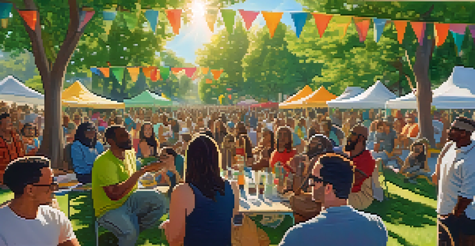 A diverse community gathering in a park discussing cannabis social equity with colorful banners and greenery.