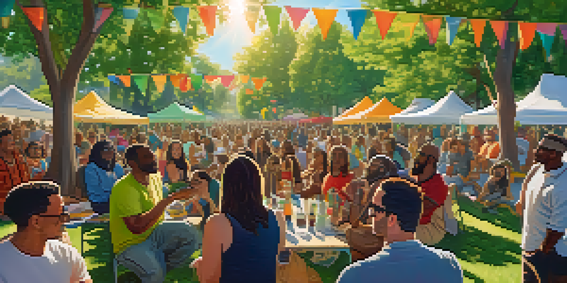 A diverse community gathering in a park discussing cannabis social equity with colorful banners and greenery.