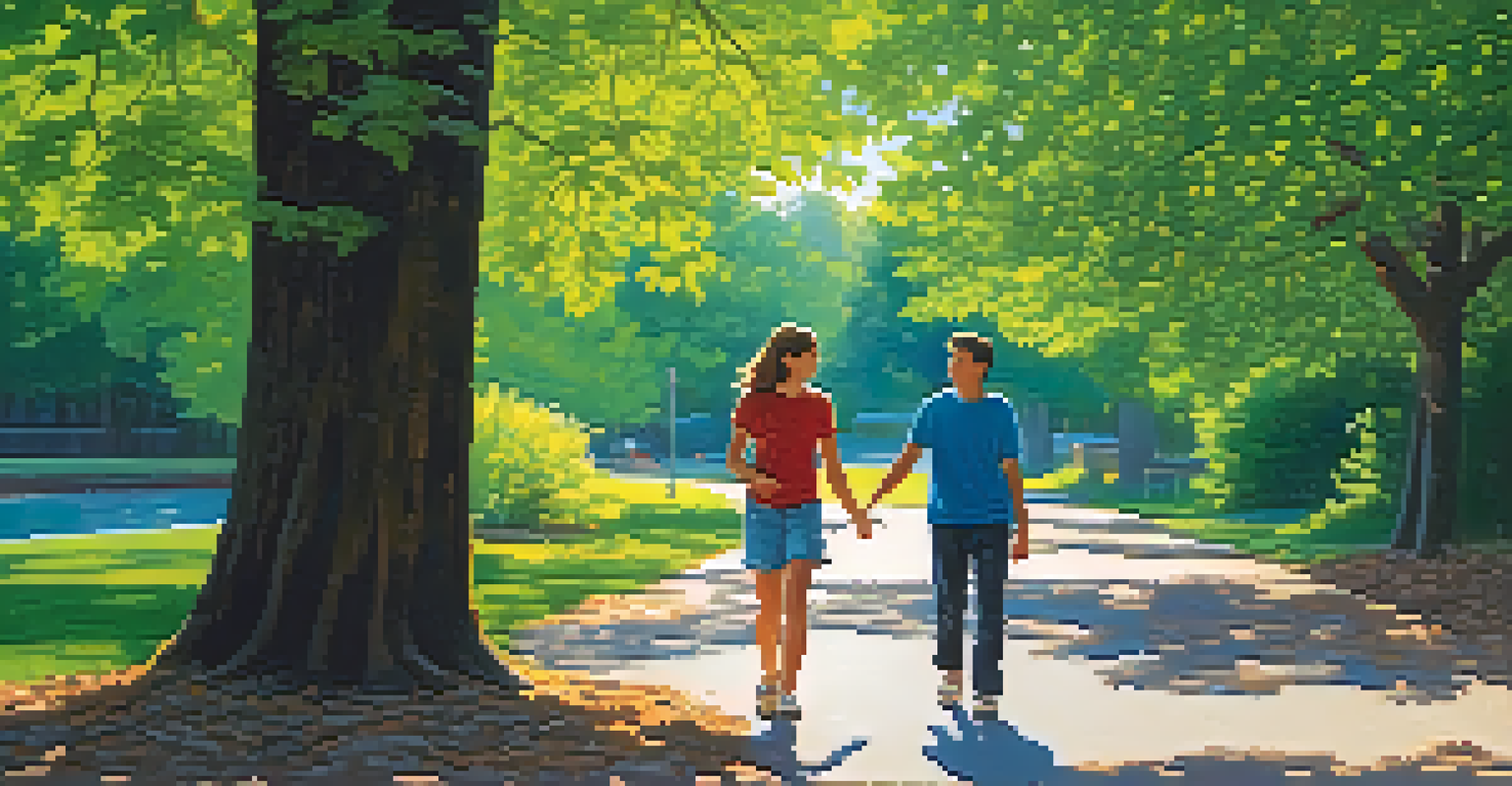 A parent and teenager walking in a park, engaged in a meaningful conversation surrounded by nature.
