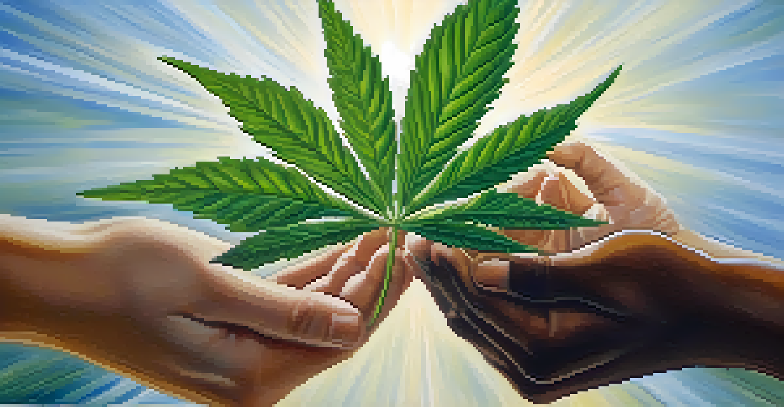 Close-up of diverse hands holding a cannabis leaf together, symbolizing unity in activism.