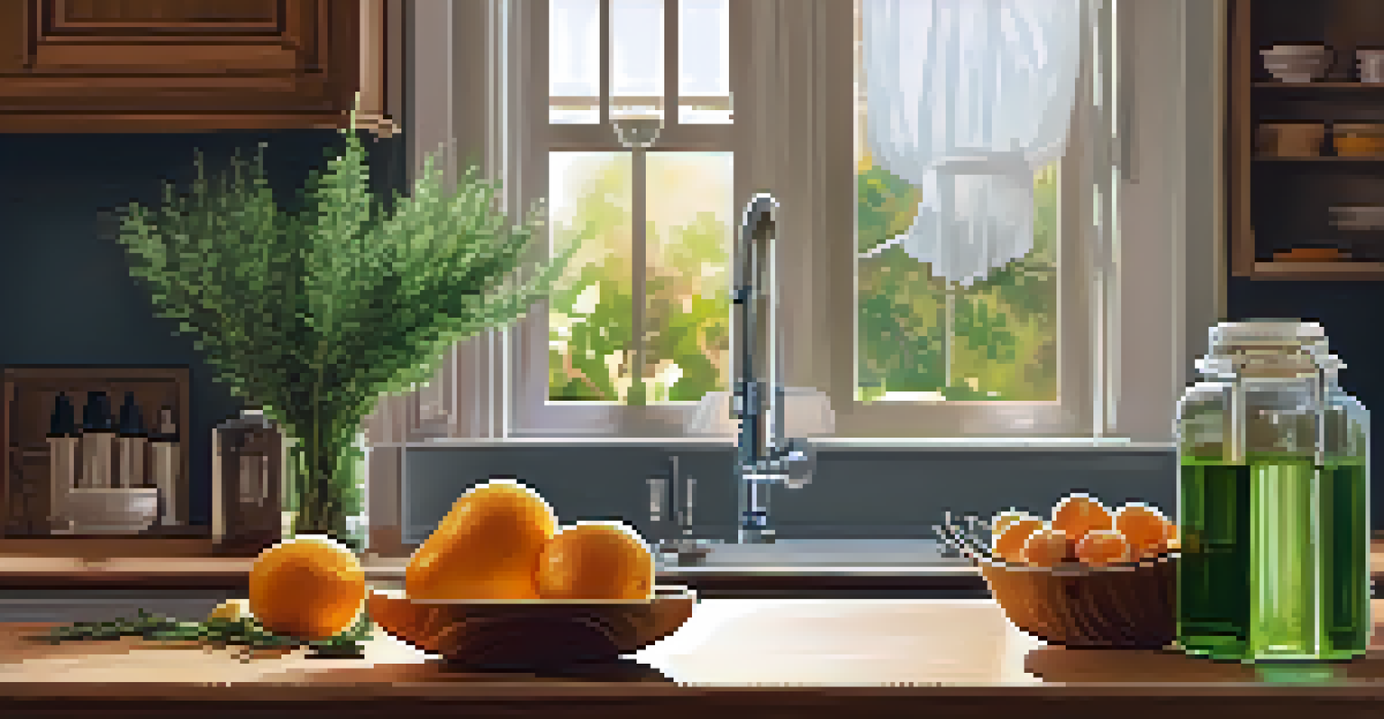 A wooden kitchen table with a bowl of fresh fruits and a bottle of CBD oil, illuminated by warm sunlight.