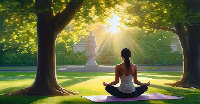 A person meditating in a peaceful park with sunlight filtering through trees and flowers around them.