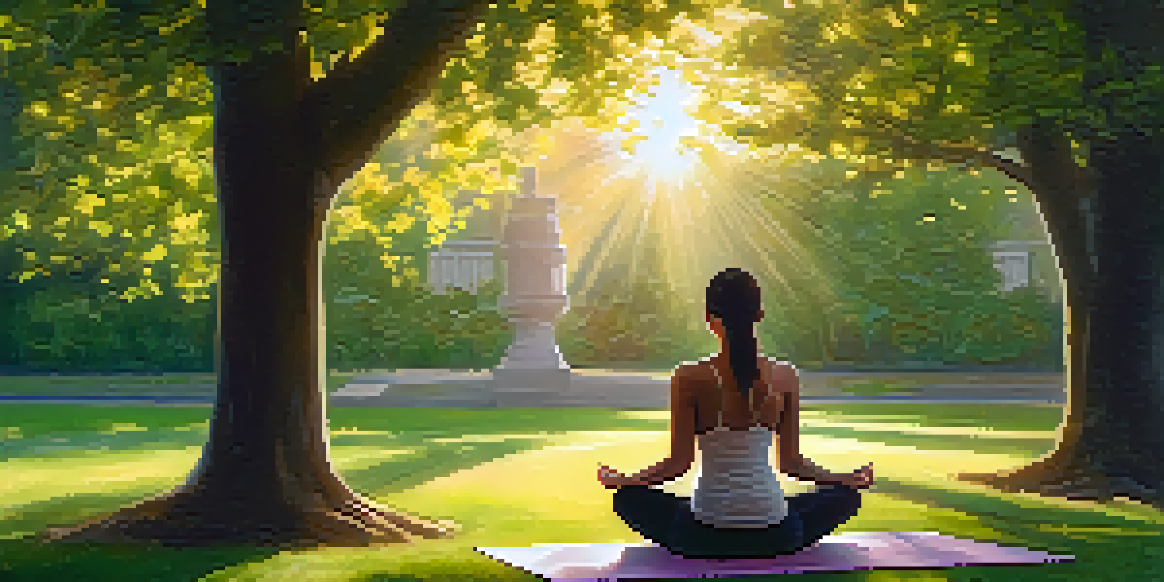 A person meditating in a peaceful park with sunlight filtering through trees and flowers around them.