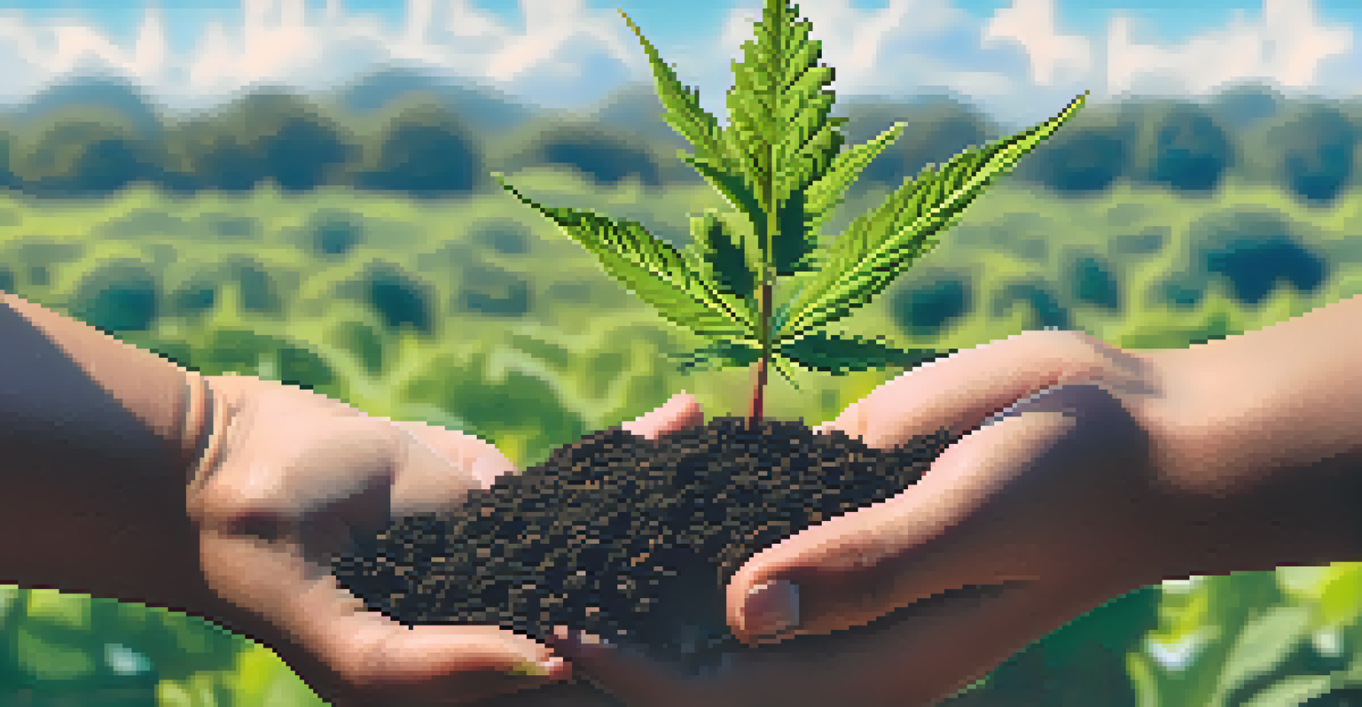 A close-up of a farmer's hands holding soil with a cannabis seedling emerging.