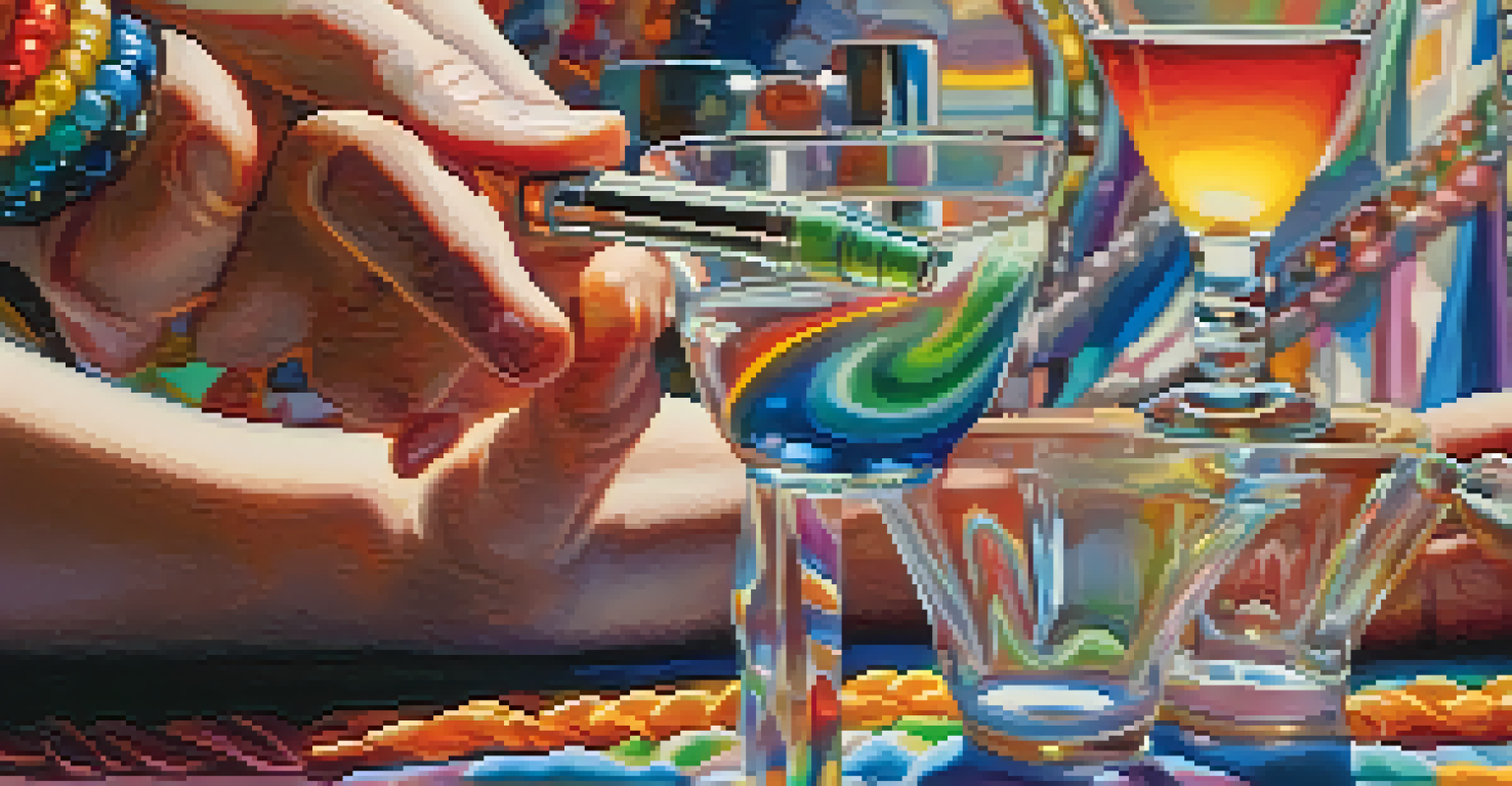 A close-up of a hand holding a colorful glass pipe with vibrant background elements, symbolizing exploration and curiosity.
