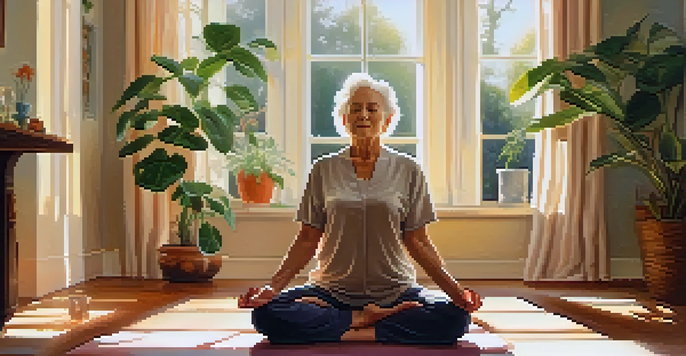 An elderly person practicing yoga in a bright living room filled with plants, highlighting relaxation and mindfulness.