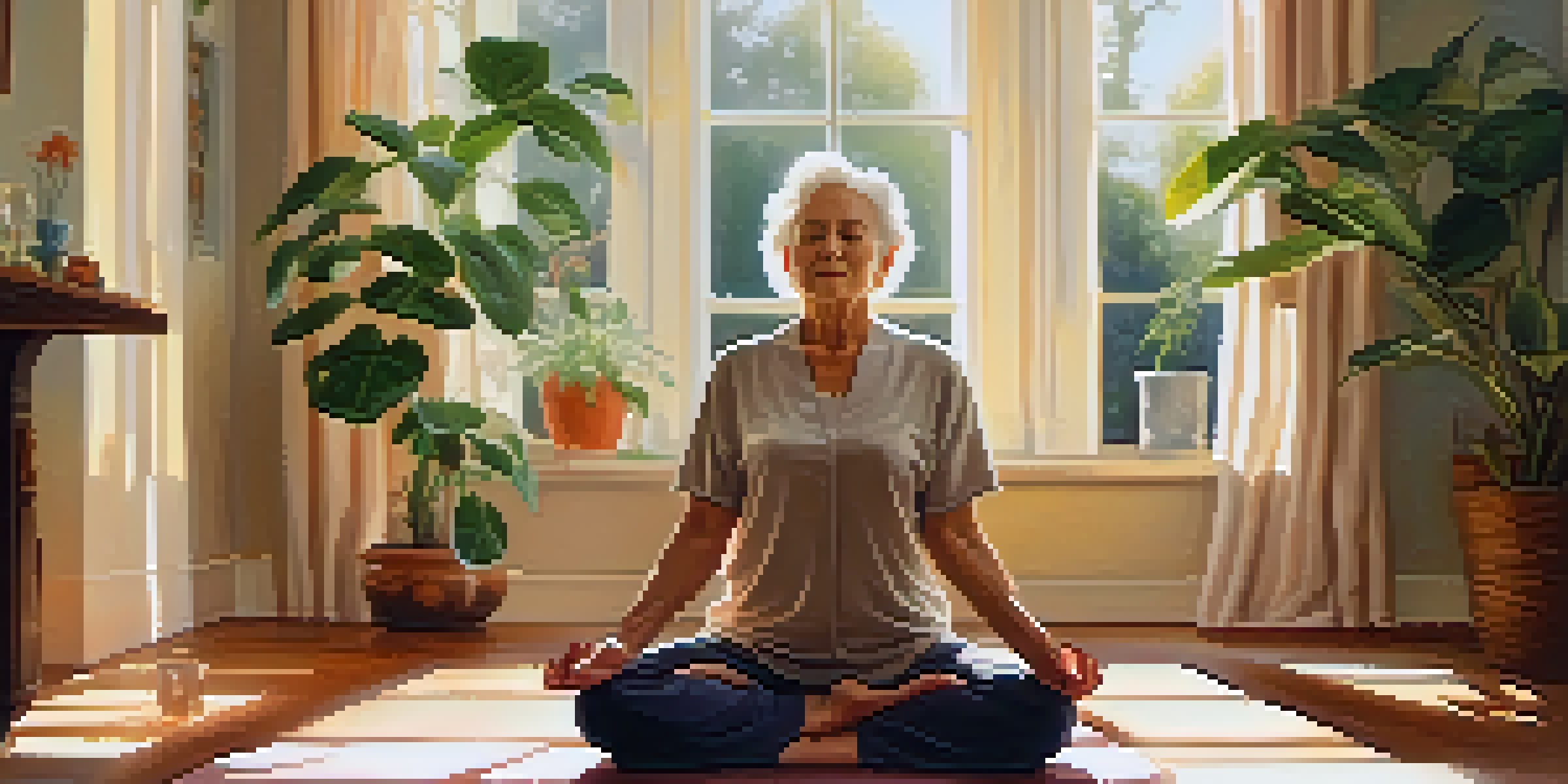 An elderly person practicing yoga in a bright living room filled with plants, highlighting relaxation and mindfulness.