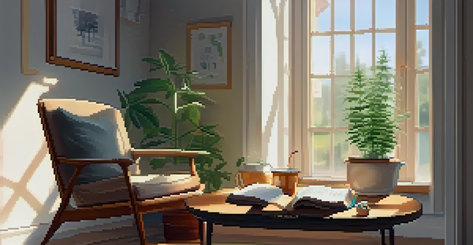 A cozy room featuring an armchair, a small table with a cannabis plant, a book, and a cup of tea, illuminated by soft sunlight.