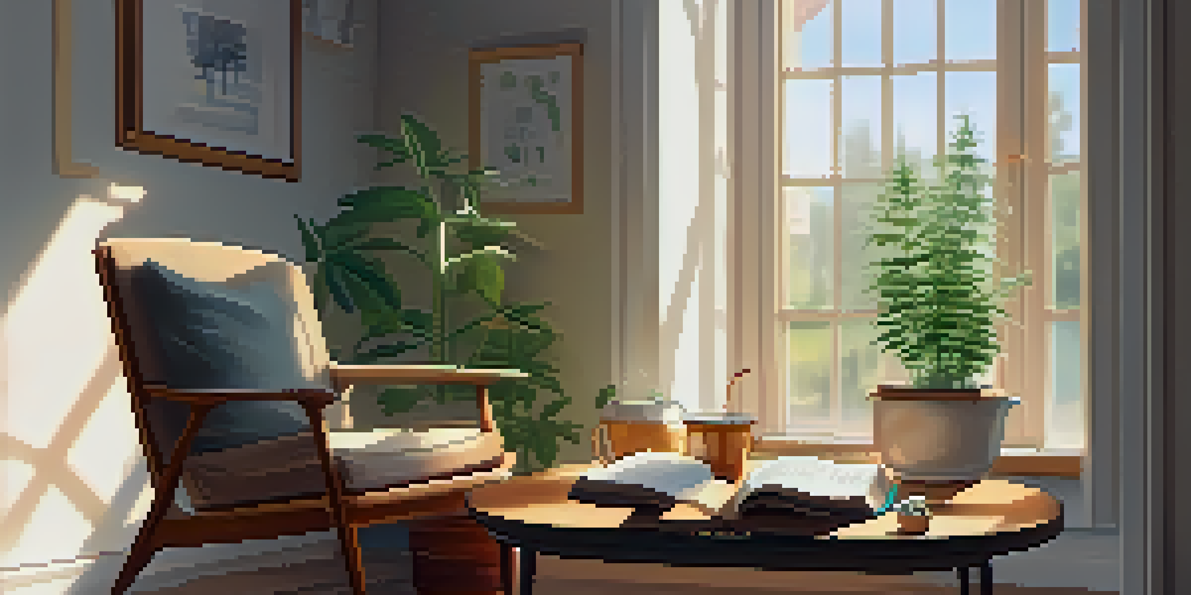 A cozy room featuring an armchair, a small table with a cannabis plant, a book, and a cup of tea, illuminated by soft sunlight.