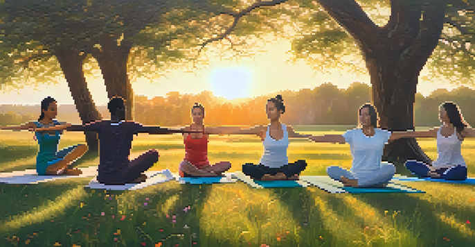 A group of diverse athletes practicing yoga outdoors on a grassy field during sunset, surrounded by wildflowers and trees.