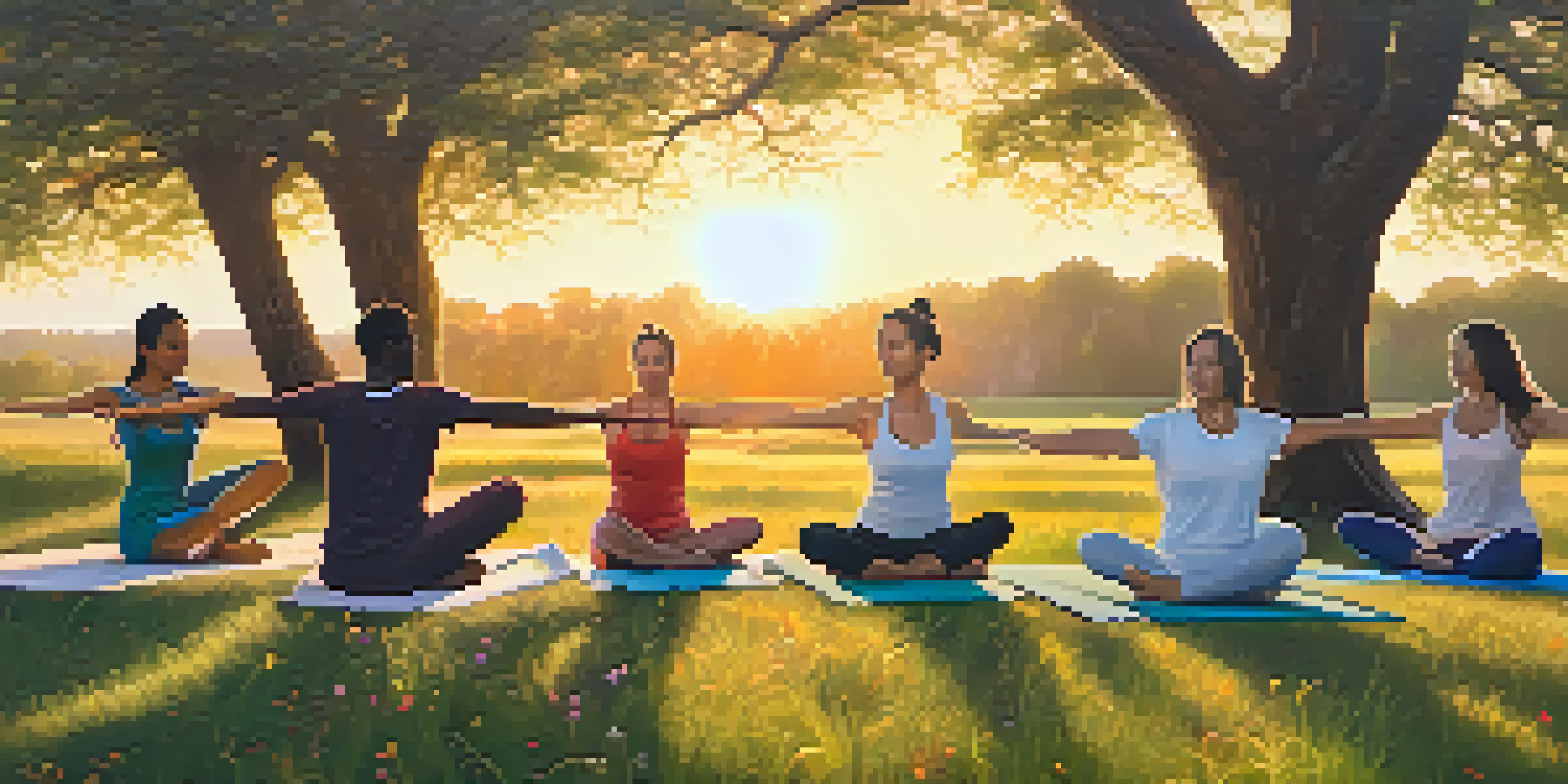 A group of diverse athletes practicing yoga outdoors on a grassy field during sunset, surrounded by wildflowers and trees.