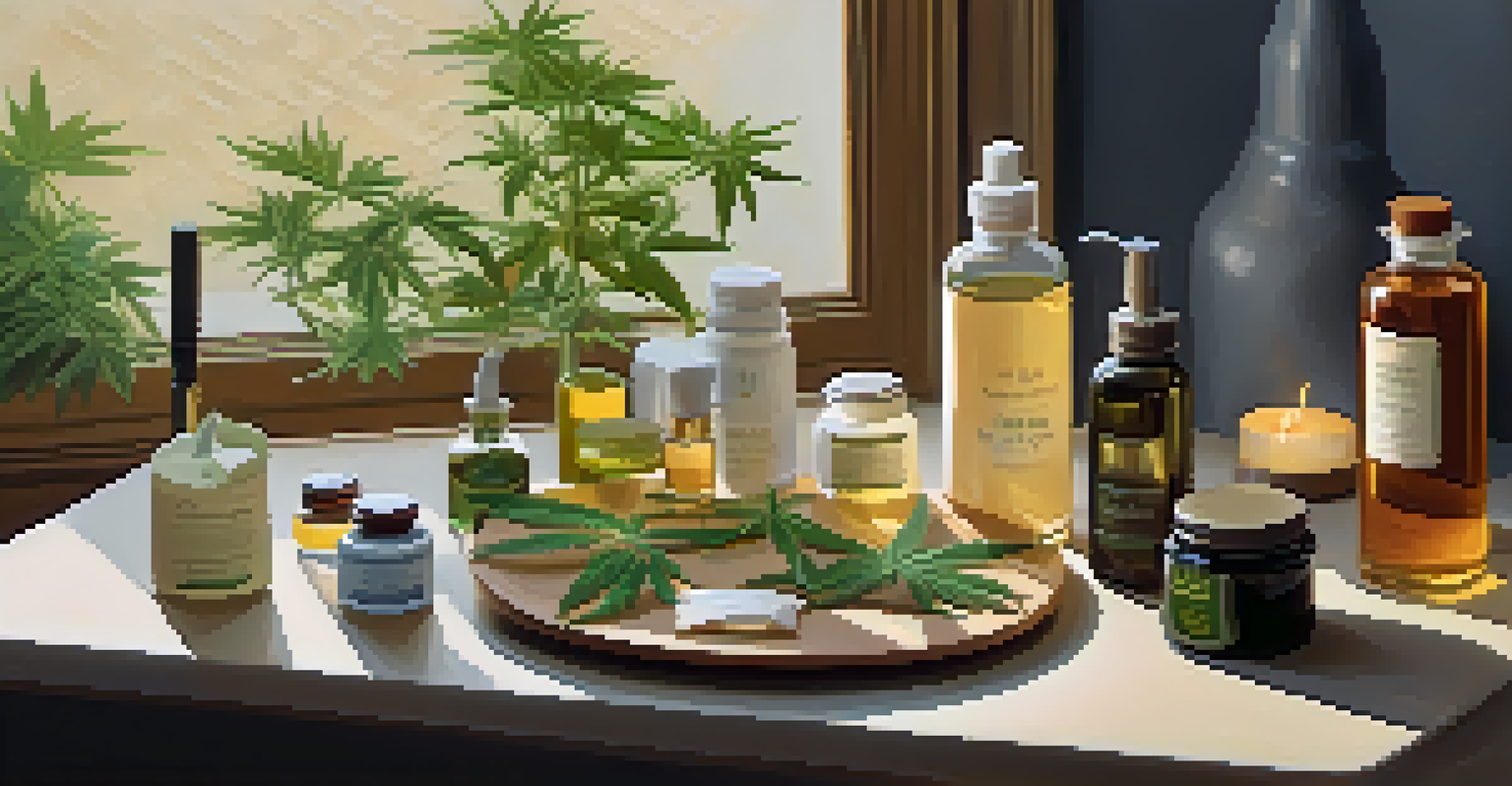 A cozy home setting with a table displaying cannabis-infused products like oils and edibles, illuminated by warm light.