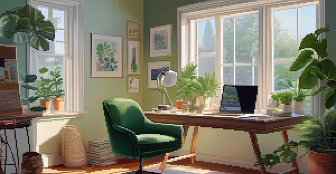 A peaceful home office with a person working on a laptop at a desk, surrounded by plants and natural light.