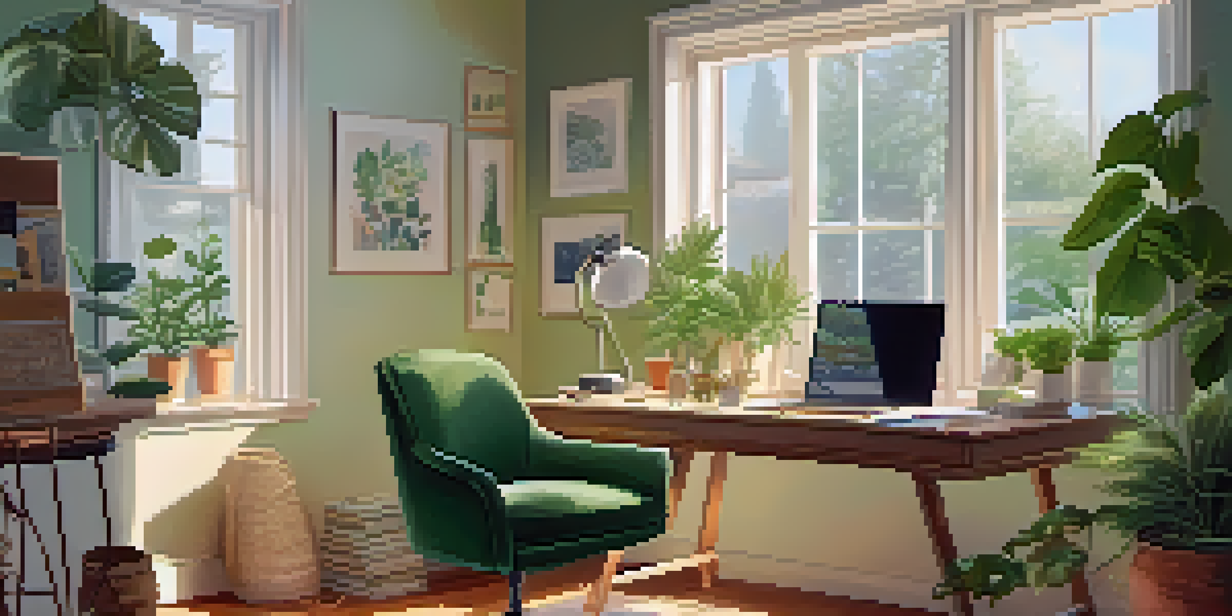 A peaceful home office with a person working on a laptop at a desk, surrounded by plants and natural light.