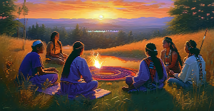 A peaceful Indigenous ceremonial gathering with participants sharing cannabis at sunset, surrounded by wildflowers and tall grasses.