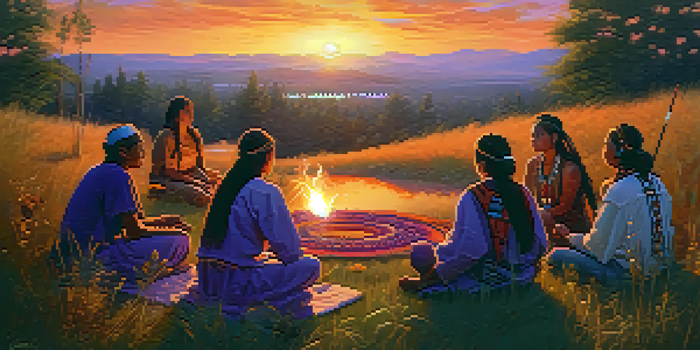 A peaceful Indigenous ceremonial gathering with participants sharing cannabis at sunset, surrounded by wildflowers and tall grasses.