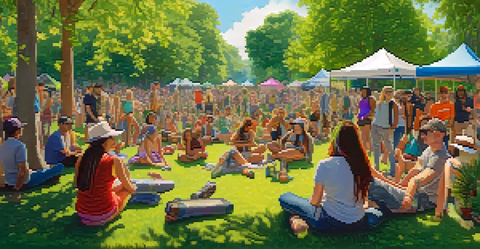 A diverse group of people discussing cannabis legalization in a park, surrounded by colorful banners and blooming flowers.