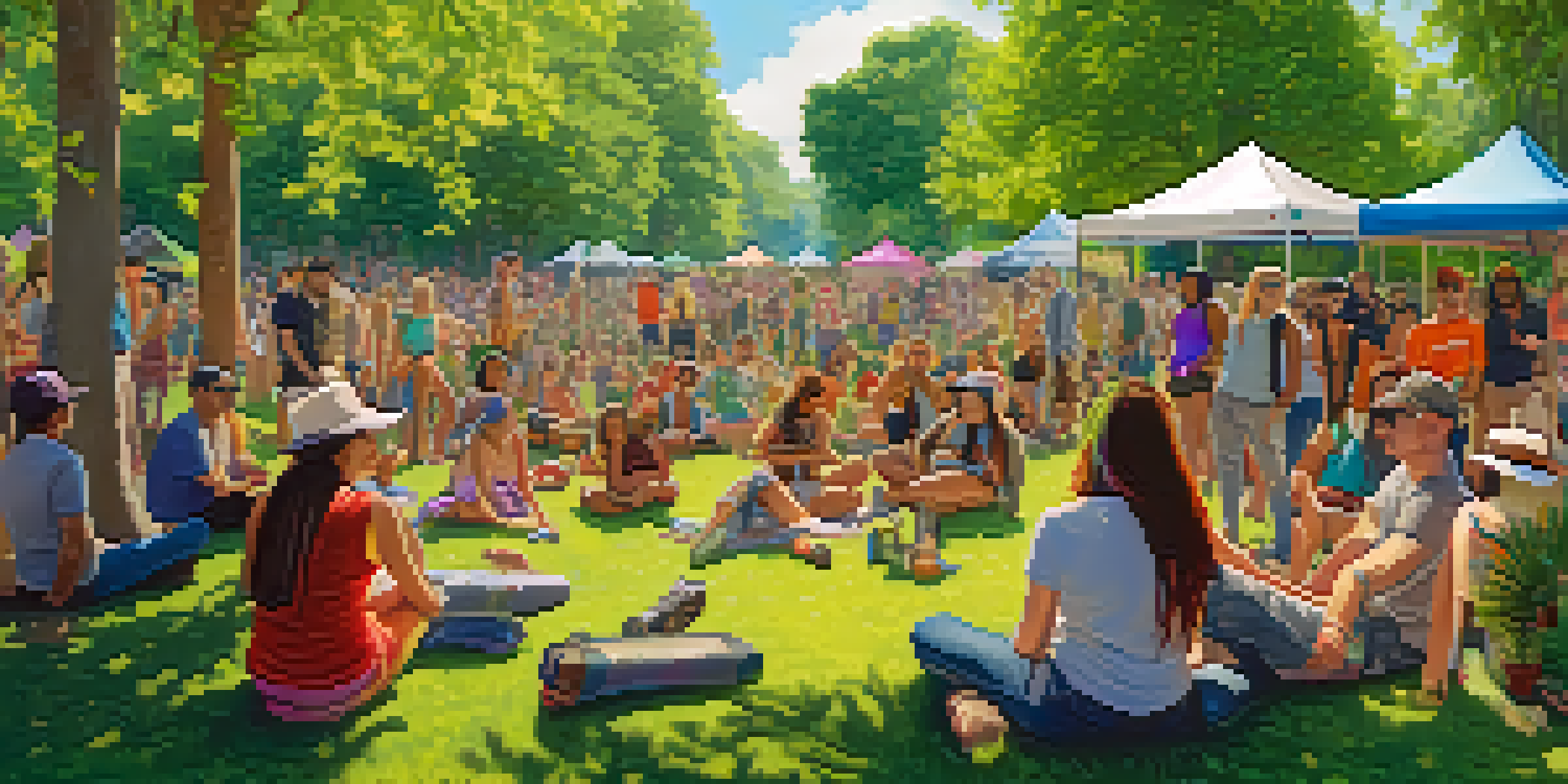 A diverse group of people discussing cannabis legalization in a park, surrounded by colorful banners and blooming flowers.
