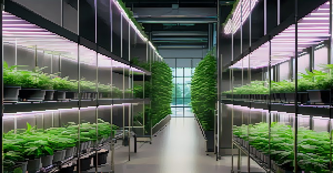 A vertical cannabis farm featuring multiple levels of healthy green plants under bright LED lights in an urban setting.