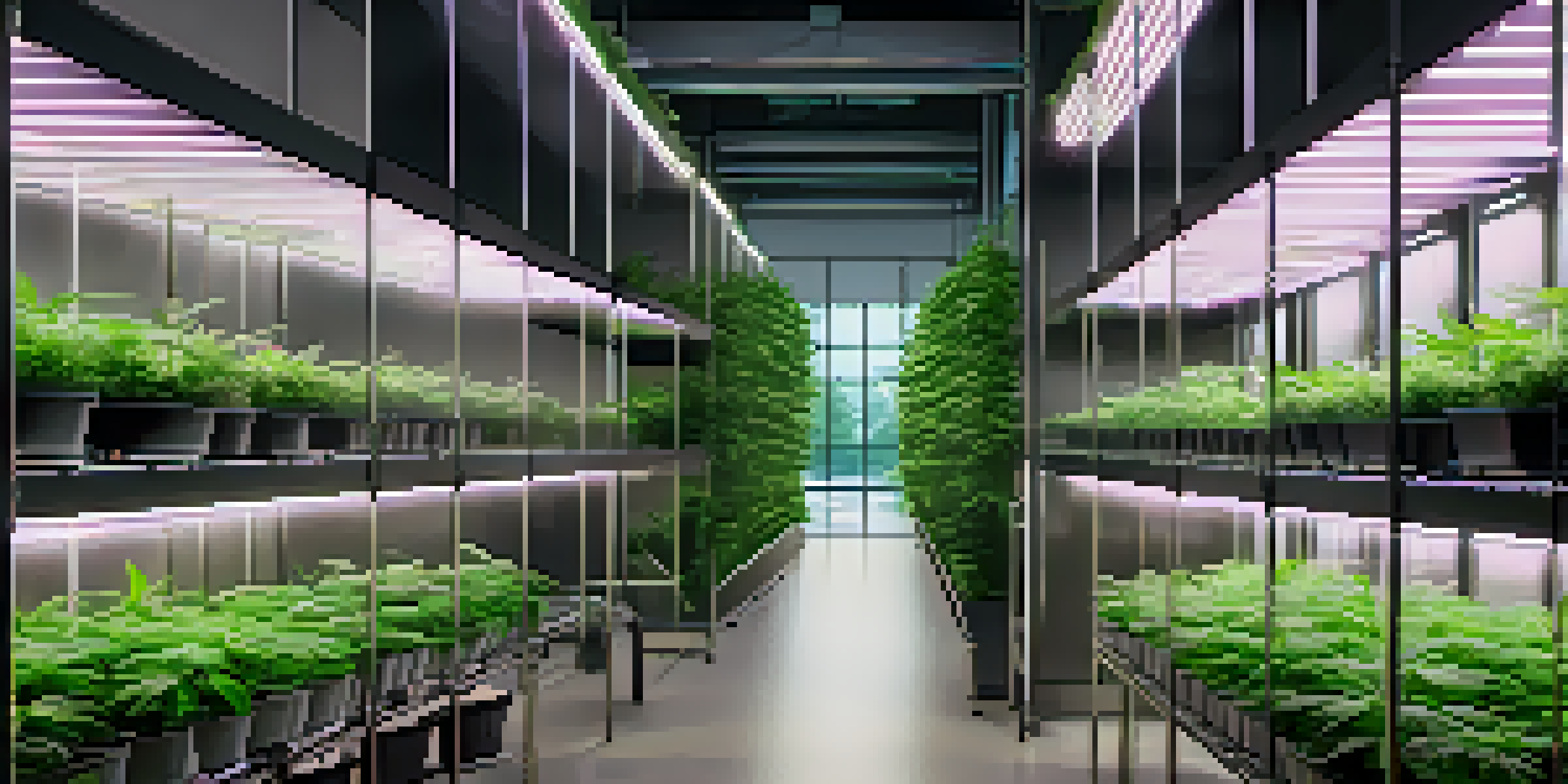 A vertical cannabis farm featuring multiple levels of healthy green plants under bright LED lights in an urban setting.