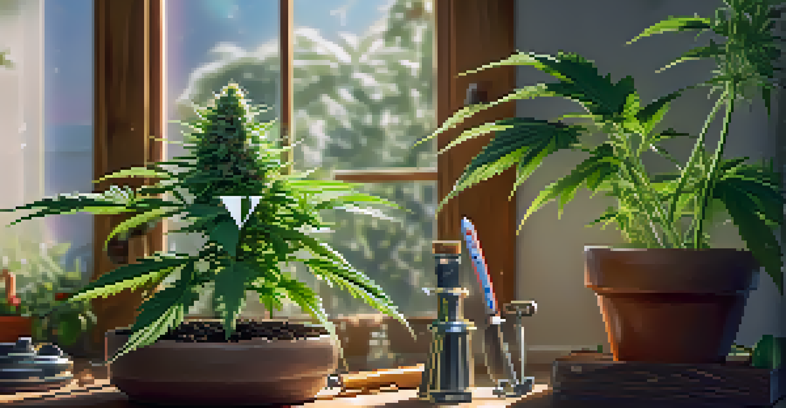 A close-up of a healthy cannabis plant in a home garden, showcasing its green leaves and trichomes.