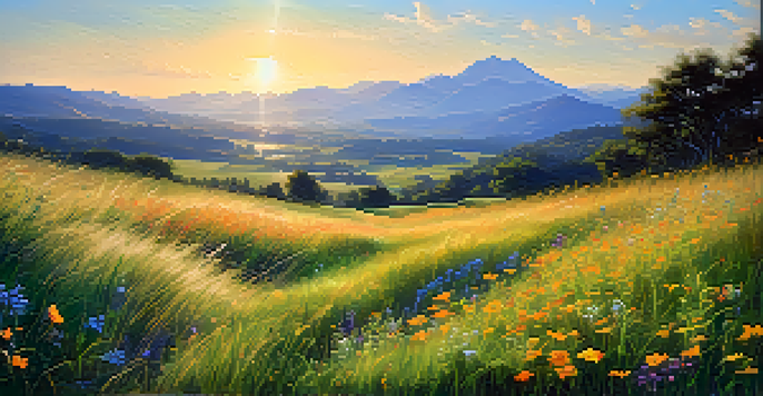 A vibrant green field with blooming wildflowers and butterflies, under a clear blue sky and warm sunlight.