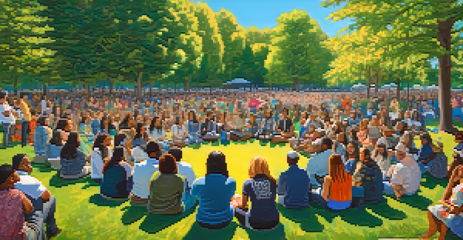 A diverse group of people seated in a circle at a community meeting in a park, discussing marijuana legalization with banners advocating for social justice.
