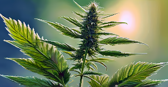 A detailed cannabis plant in bloom with green and gold background, illuminated by soft sunlight.