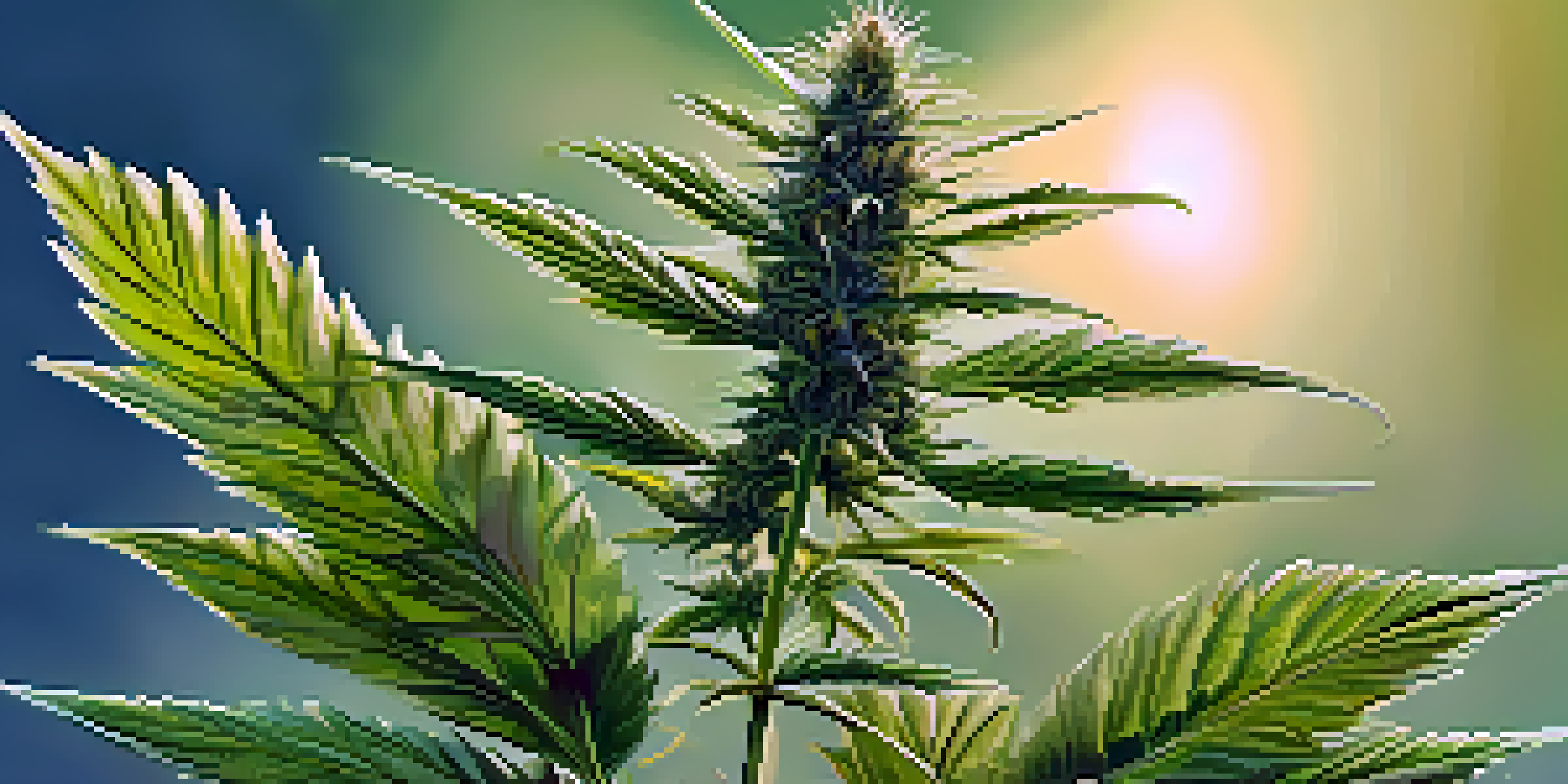 A detailed cannabis plant in bloom with green and gold background, illuminated by soft sunlight.