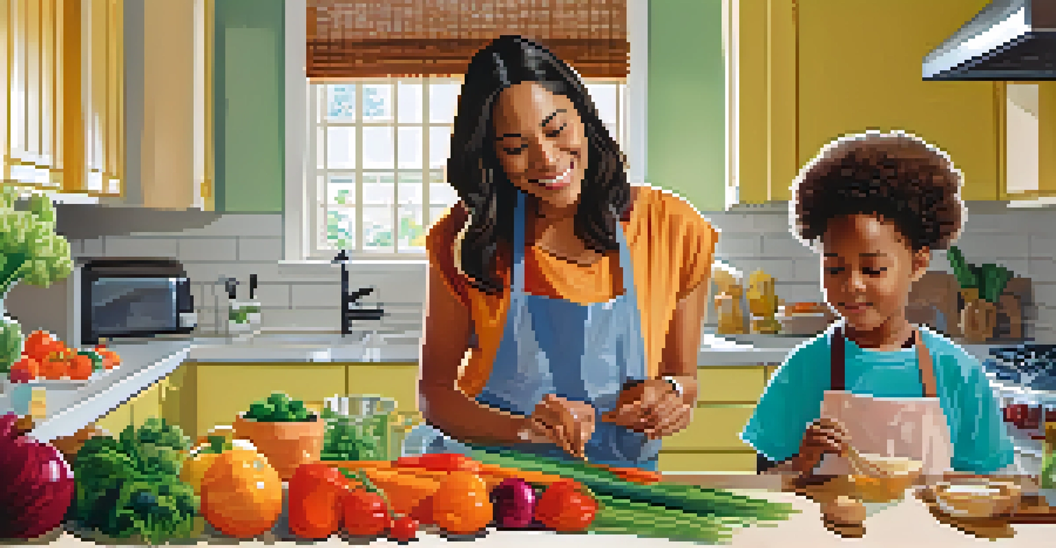 A parent and child cooking together in a bright kitchen, sharing a moment of connection and learning.