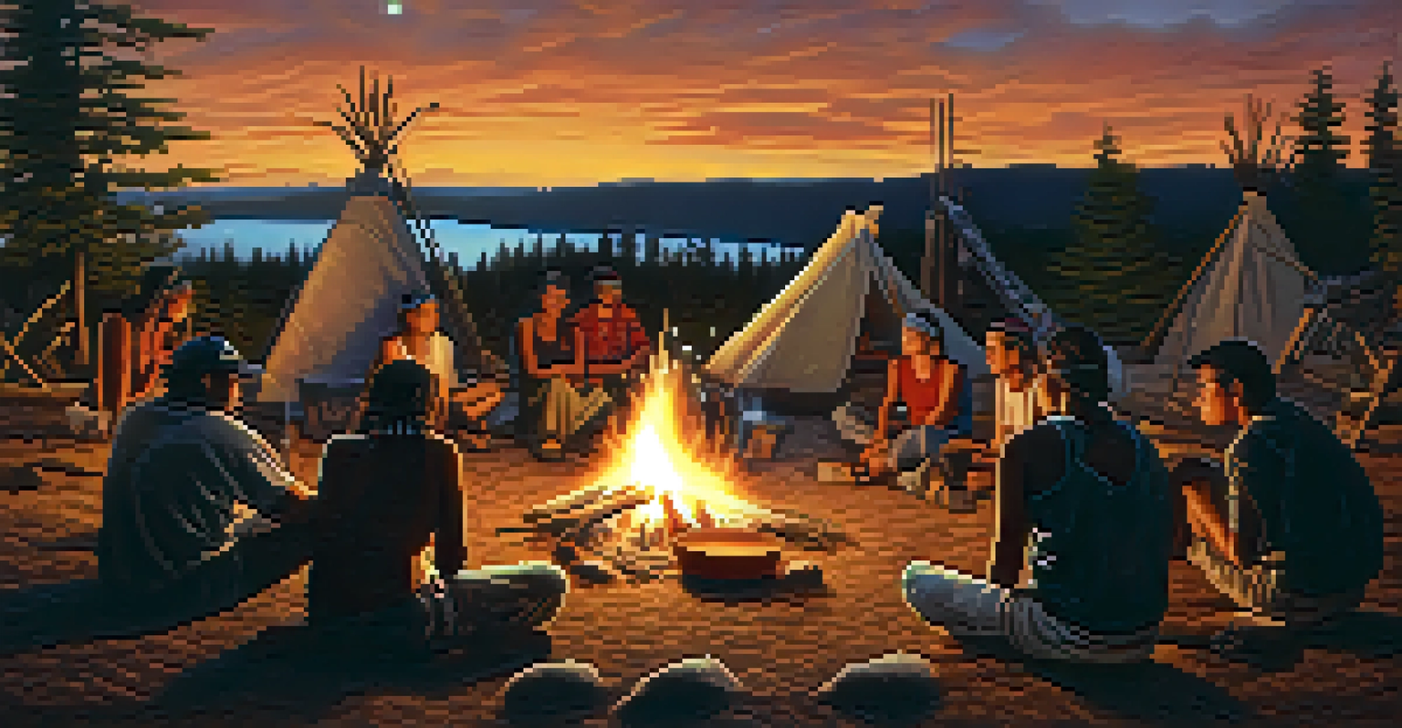 Indigenous community members gathered around a fire at sunset, engaged in storytelling and cultural sharing.
