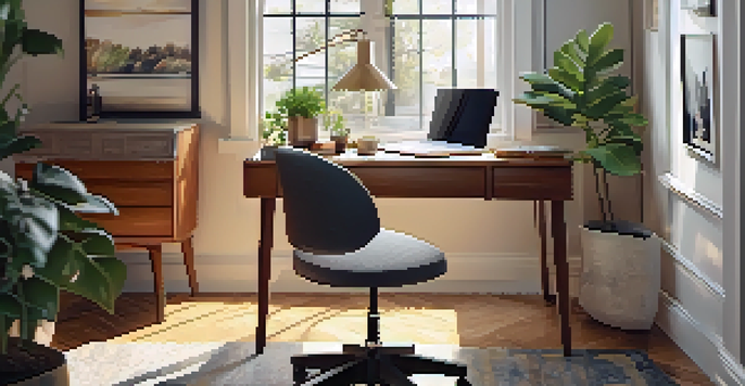 A cozy home office with a desk, laptop, plant, and coffee cup, bathed in warm natural light from a window.