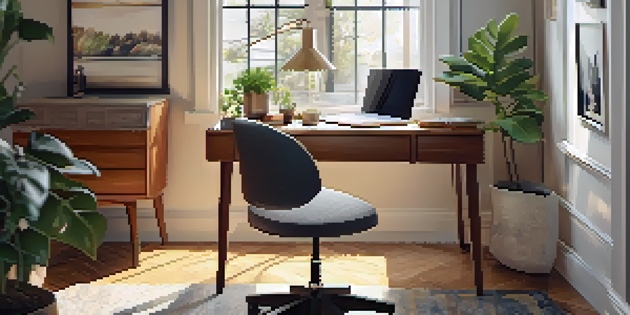 A cozy home office with a desk, laptop, plant, and coffee cup, bathed in warm natural light from a window.