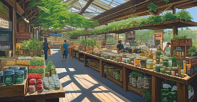 A market scene featuring various organic marijuana products on wooden tables, with sunlight filtering through leaves and shoppers examining the items.
