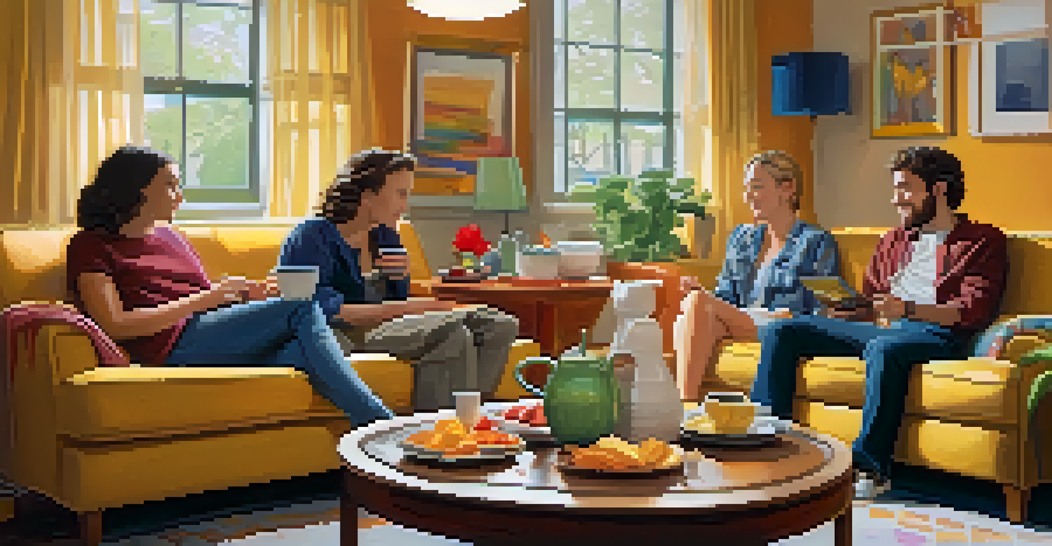 A group of friends chatting in a cozy living room with snacks on a coffee table.
