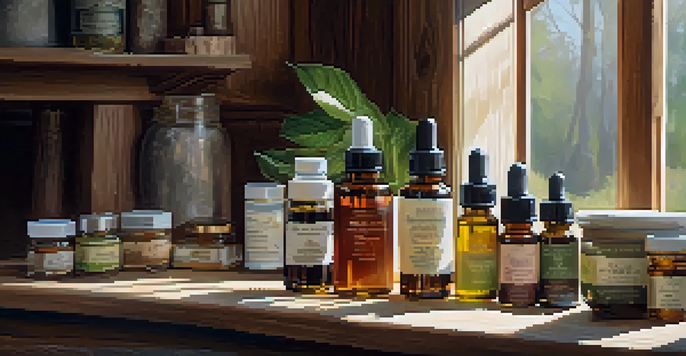 A wooden table with CBG-infused products and natural light illuminating the scene.